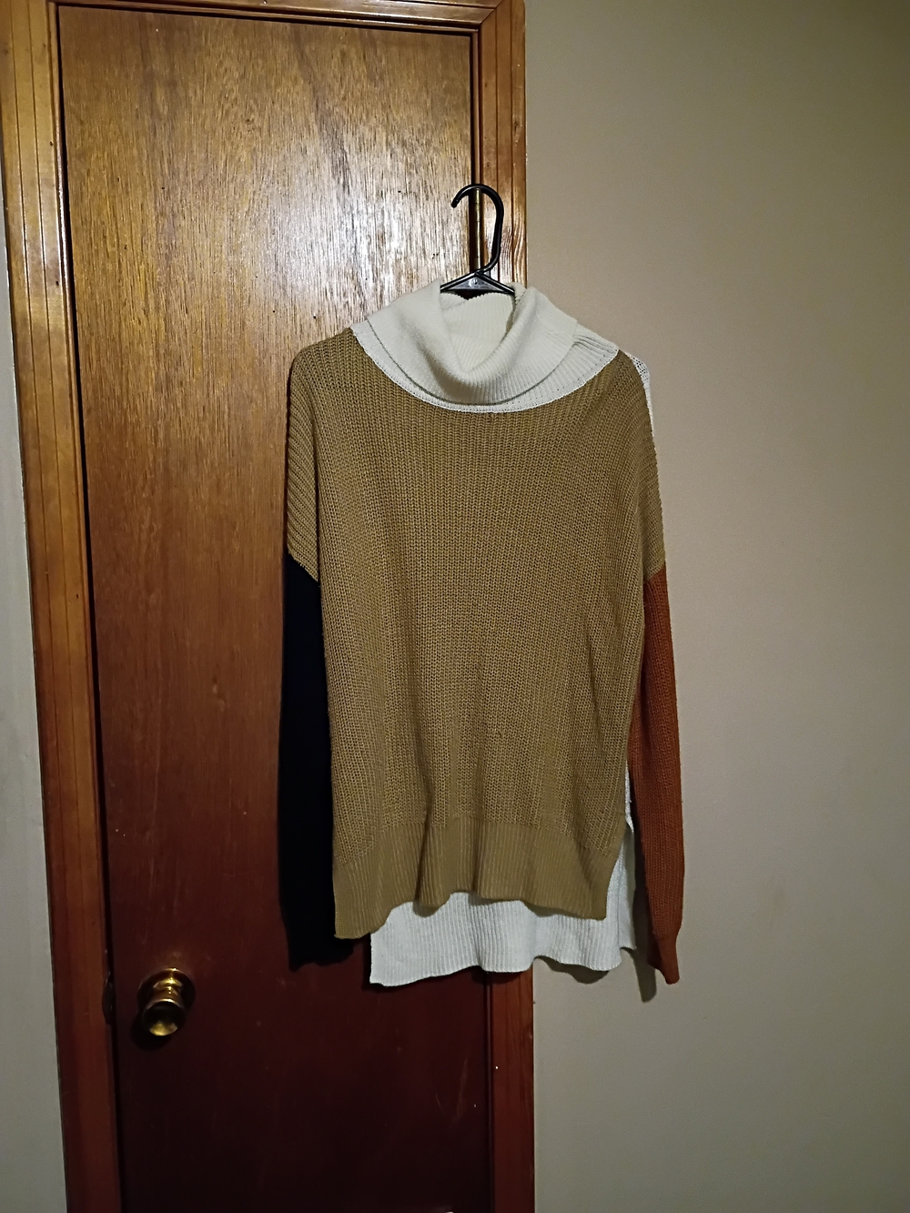 Colorblock Cowl Neck Sweater — Tan, Cream & Black